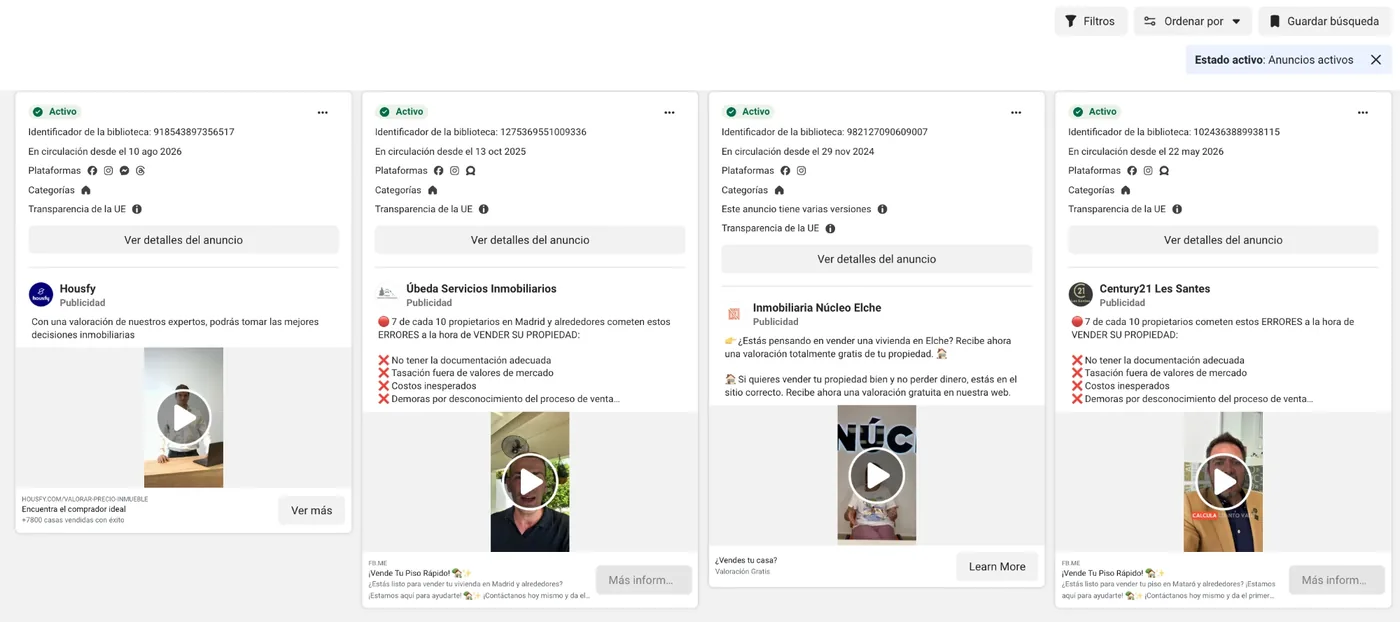 Resultados de la Biblioteca de anuncios de Meta para la búsqueda «vender piso» en la categoría Vivienda: cuatro anuncios activos de inmobiliarias en formato de vídeo vertical