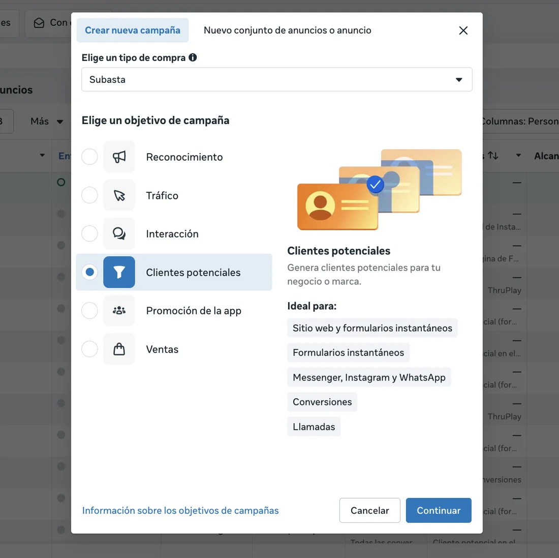 Ventana «Crear nueva campaña» del Administrador de anuncios de Meta con el objetivo «Clientes potenciales» seleccionado entre Reconocimiento, Tráfico, Interacción, Promoción de la app y Ventas